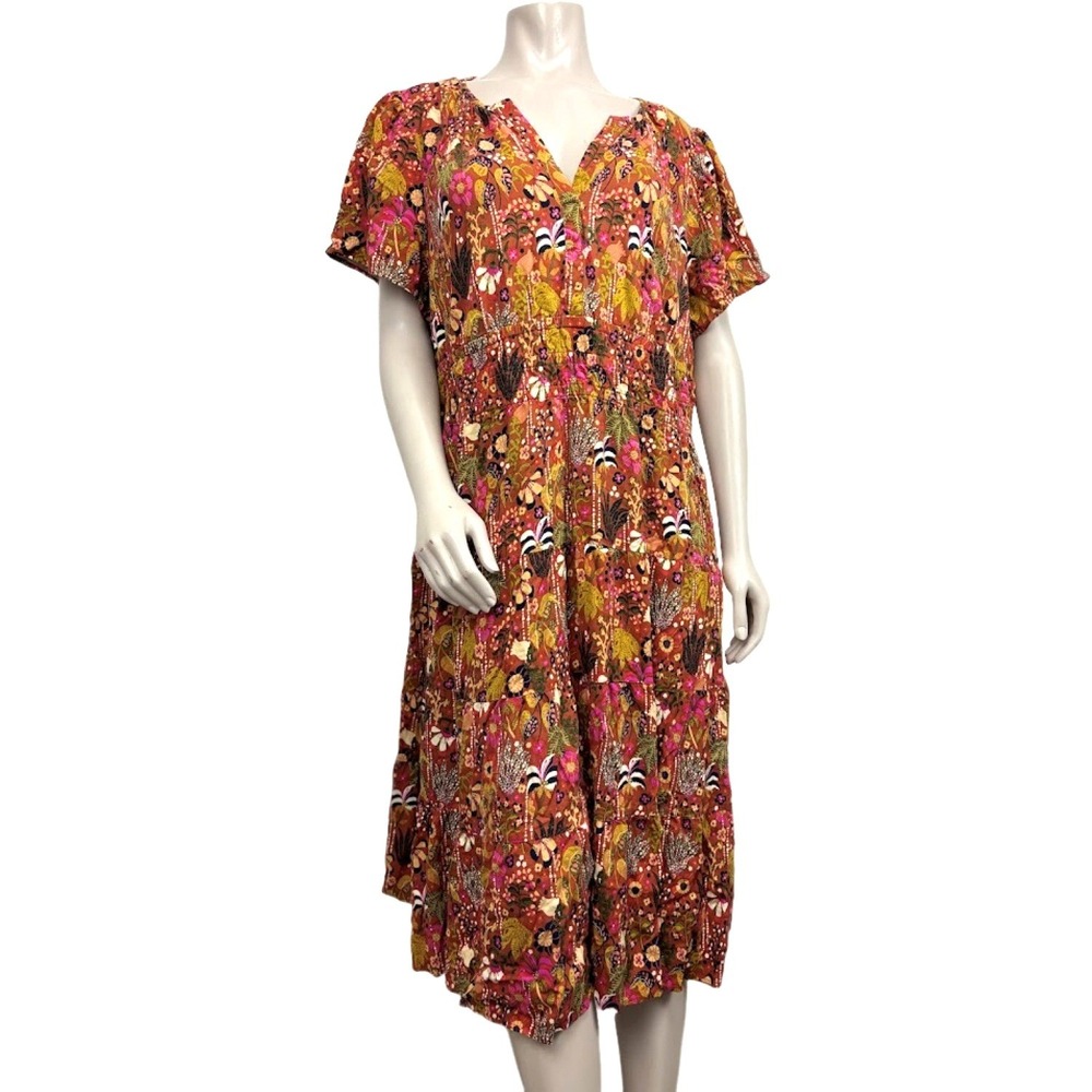 Target Latino Heritage 1X Dress Brown Print V Neck Short‎ Sleeve Floral Rayon